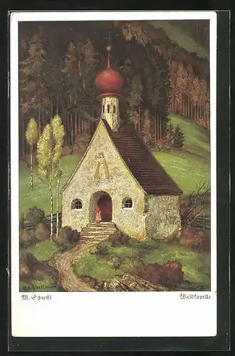 Künstler-AK Matthäus Schiestl: Waldkapelle am bewaldeten Hang