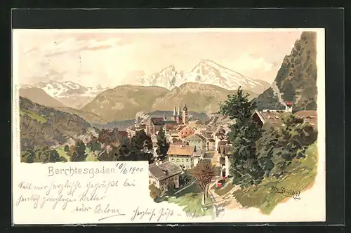 Künstler-AK Otto Strützel: Berchtesgaden, Ortskern gegen Gebirgszug