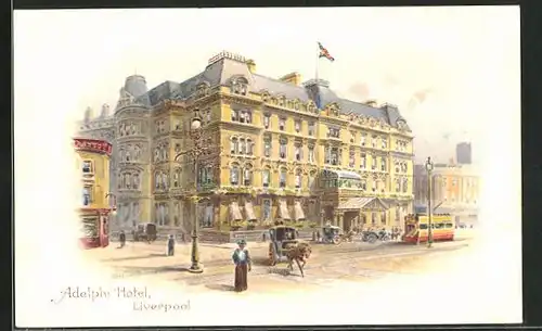 Lithographie Liverpool, Adelphi Hotel und Strassenbahn