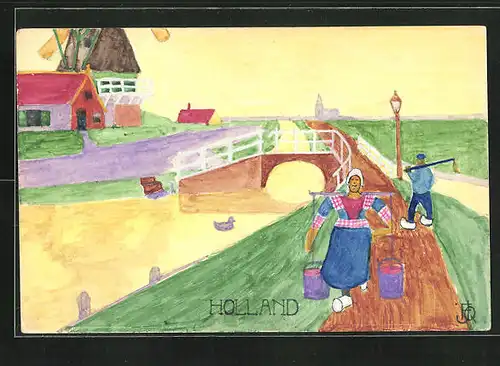 Künstler-AK Handgemalt: Holland, Frau mit Eimern, Im Hintergrund Windmühle
