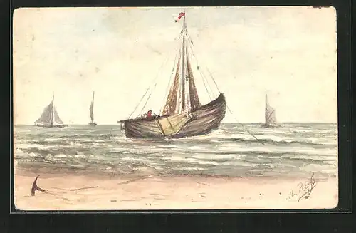 Künstler-AK Handgemalt: Strand mit Segelbooten