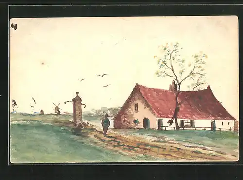 Künstler-AK Handgemalt: Landschaft mit Haus und Brunnen, Im Hintergrund Windmühle