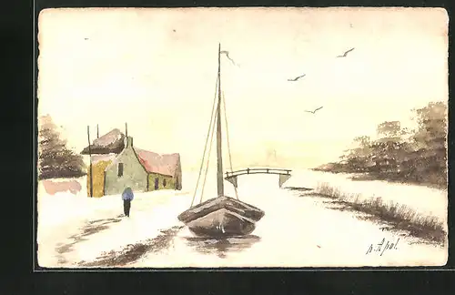 Künstler-AK Handgemalt: Uferpartie mit Brücke und Boot