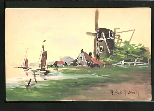 Künstler-AK Handgemalt: Uferlandschaft mit Windmühle und Booten