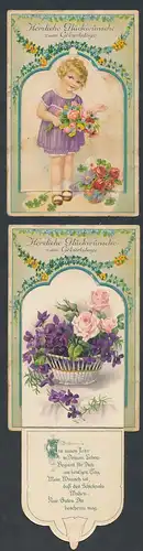 Mechanische-AK Geburtstagsgruss mit Mädchen und farbenfrohen Blumen