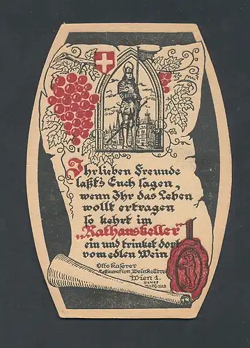 Bierdeckel-AK Wien, Gasthaus Rathauskeller von Otto Kaserer mit Weintrauben und Ritter