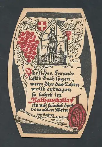 Bierdeckel-AK Wien, Gasthaus Rathauskeller von Otto Kaserer mit Weintrauben und Ritter