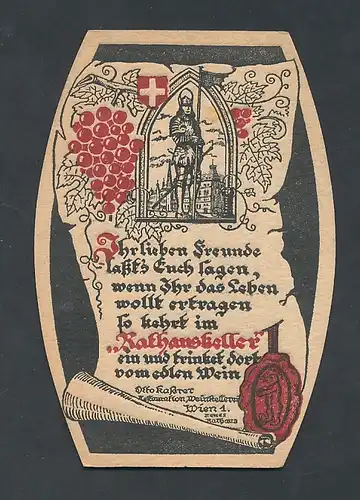 Bierdeckel-AK Wien, Gasthaus Rathauskeller von Otto Kaserer mit Weintrauben und Ritter