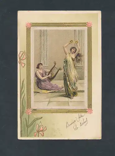 Seiden-AK Damen der Antike beim Musizieren mit Lyra und Schellen