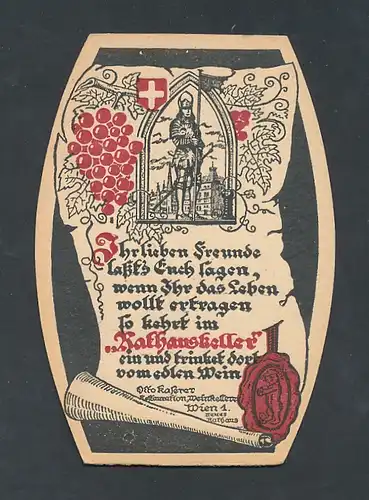 Bierdeckel-AK Wien, Reklame für Gasthaus Rathauskeller von Otto Kaserer mit Ritter