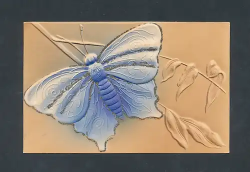 Präge-Airbrush-AK Blauer Schmetterling vor einem Zweig