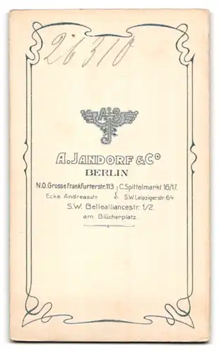 Fotografie A. Jandorf & Co., Berlin, Grosse Frankfurterstr. 113, Portrait Herr im Anzug mit Fliege und Vollbart