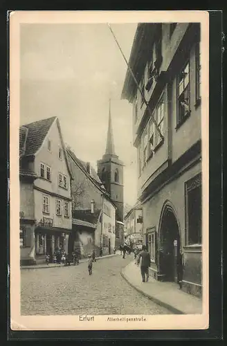 AK Erfurt, Allerheiligenstrasse mit Geschäften und Kirche