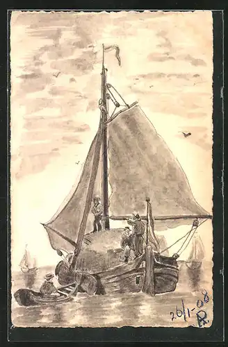 Künstler-AK Handgemalt: Ein Boot voller Fischer