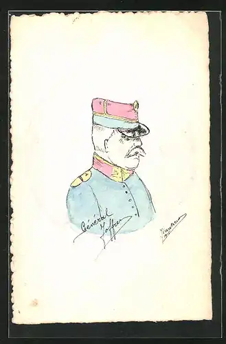 Künstler-AK Handgemalt: Heerführer Joffre in Uniform, Schützengraben