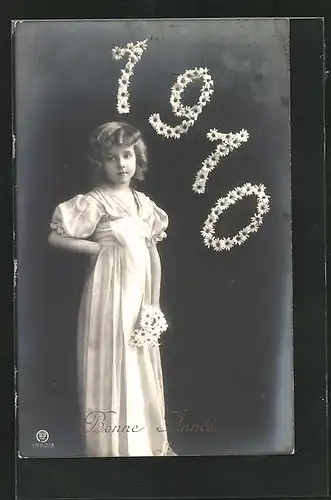 AK Jahreszahl 1910, Neujahrsgruss vom weiss gekleideten Blumenmädchen