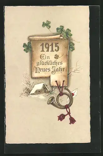 Präge-AK Jahreszahl 1915 auf Schriftrolle mit Kleeblättern und Waldhorn