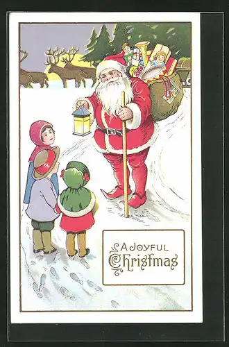 Präge-AK Weihnachtsmann und Kinder, Im Hintergrund Rentiere, Weihnachtsgruss