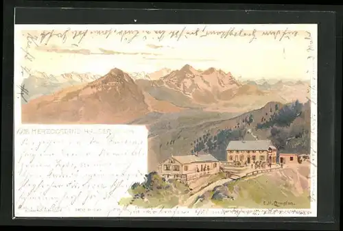 Künstler-AK Edward Harrison Compton: Herzogstand-Häuser, Berge im Hintergrund