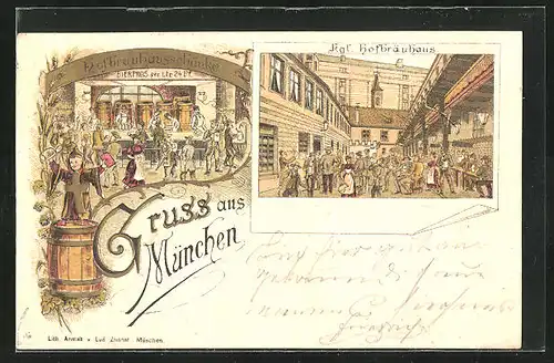 Vorläufer-Lithographie München, 1894, Szene aus dem Münchner Hofbräuhaus