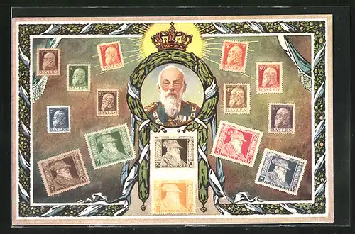 AK Portrait Prinzregent Luitpold mit Briefmarken