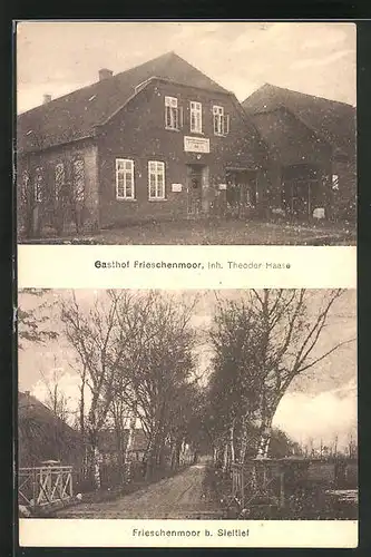 AK Frieschenmoor, Gasthof von Theodor Haase, Strassenpartie im Ort