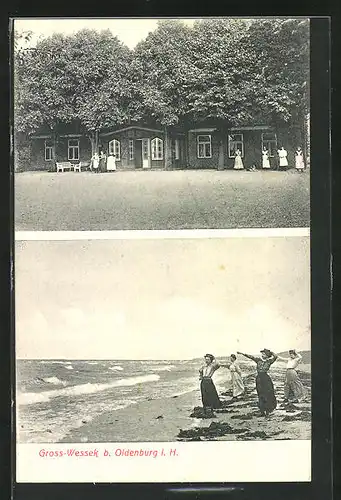 AK Gross-Wessek, Blick auf einen Gasthof, Frauen am Meer