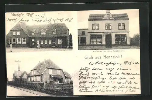 AK Hennstedt, Kaufhaus von Hugo Borstelmann, Kirche, Schule