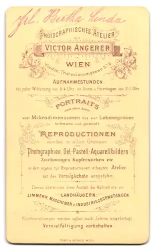 Fotografie Victor Angerer, Wien, Theresianumgasse 4, Portrait Bertha Linda (1850-1928), Primaballerina in Wien