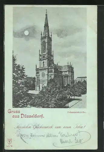 Mondschein-AK Düsseldorf, Johanneskriche, Neujahrsgruss