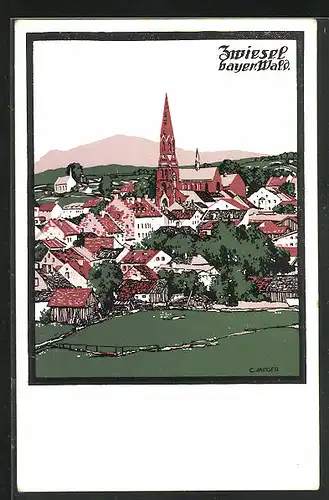 Künstler-AK sign. C. Jaeger: Zwiesel /Bayer. Wald, Panoramablick auf den Ort