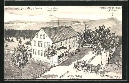 Künstler-AK Sonnenberg / Oberharz, Gasthaus Sonnenberg mit Blick zum Brocken und Achtermans Höhe