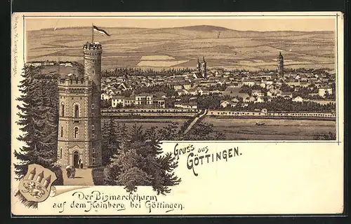 Lithographie Göttingen, Panorama mit Bismarckturm auf dem Hainberg