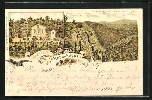 Lithographie Bad Harzburg, Gasthaus Zur Rabenklippe, Blick auf den Brocken