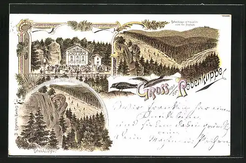 Lithographie Bad Harzburg, Gasthaus Zur Rabenklippe, Aussicht zum Brocken