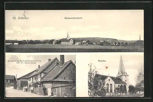 AK Klein Döhren, Bäckerei und Kolonialwarenhandlung W. Klauenberg, Kirche, Gesamtansicht
