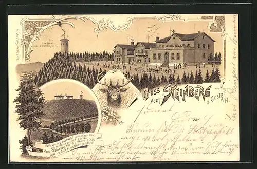 Lithographie Goslar, Hotel und Gasthaus Zum Steinberg mit Aussichtsturm