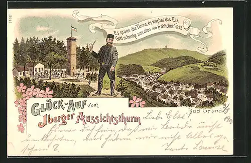 Lithographie Bad Grund, Panorama mit Gasthaus und Iberger Aussichtsturm