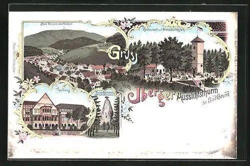 Lithographie Bad Grund, Restaurant zu den Gletschertöpfen, Kurhaus, Kaiser-Denkmal