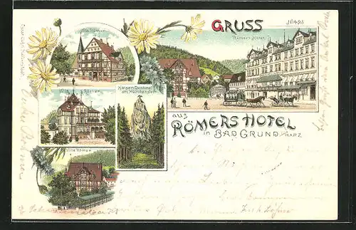Lithographie Bad Grund / Harz, Hotel Römer, Villa Römer, Kaiser-Denkmal