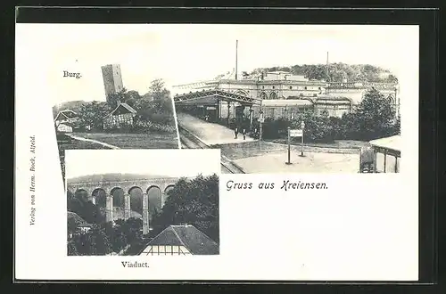 AK Kreiensen, Bahnhof, Burg und Eisenbahnviadukt