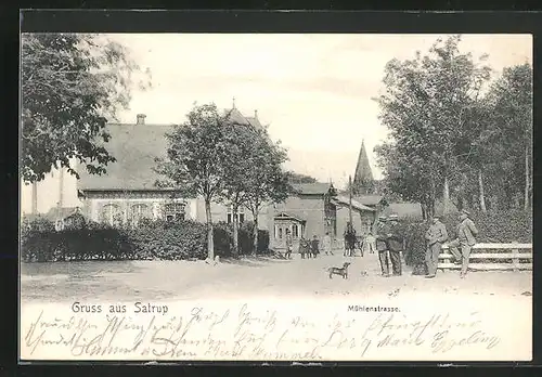 AK Satrup, Mühlenstrasse mit Kirche im Hintergrund