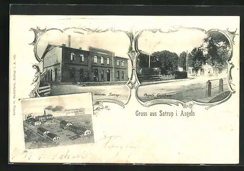 AK Satrup / Angeln, Pagel`s Gasthaus, Meierei, Dampf-Fleischwaren-Fabrik