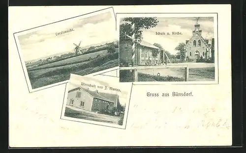 AK Bünsdorf, Gasthof v. J. Marten, Schule u. Kirche