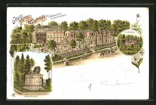 Lithographie Helmstedt, Hotel Waldfriede, Villa Burgberg