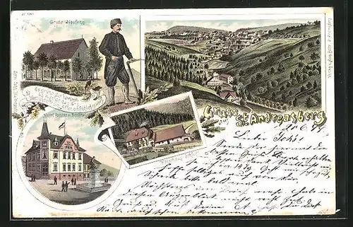 Lithographie St. Andreasberg, Grube Neufang, Kaiserl. Postamt m. Denkmal, Forsthaus Schluft