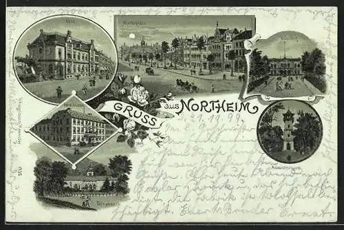 Mondschein-Lithographie Northeim, Hotel Sonne, Bahnhof, Post, Marktplatz