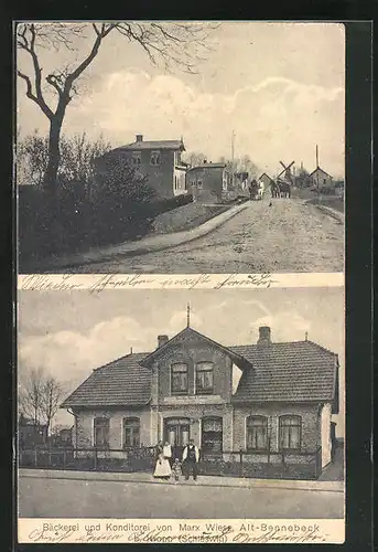 AK Alt Bennebek, Bäckerei Marx Wiese, Ortseingang mit Blick zur Windmühle