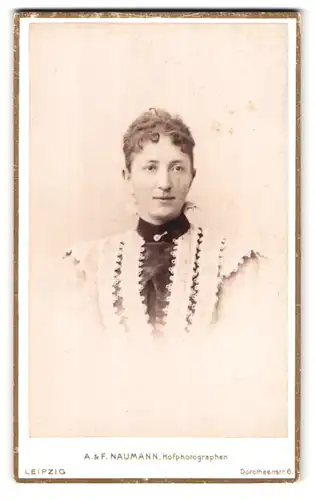 Fotografie A. & F. Naumann, Leipzig, Dorotheenstrasse 6, Portrait junge Dame im modischen Kleid