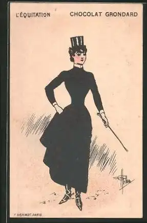 Sammelbild Chocolat Grondard, l'Équitation, Fräulein mit Hut und Reitgerte in einem Kleid